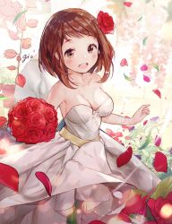Rule 34 | 10s, 1girl, :d, artist name, bare arms, bare shoulders, blurry, blush, boku no hero academia, bouquet, breasts, brown eyes, brown hair, cleavage, collarbone, cowboy shot, depth of field, dress, flower, gio (maroon0924), hair flower, hair ornament, holding, holding bouquet, looking at viewer, medium breasts, open mouth, pavement, petals, red flower, red rose, revision, rose, round teeth, short hair, sleeveless, sleeveless dress, smile, solo, sparkle, teeth, upper teeth only, uraraka ochako, wedding dress, white dress, wind