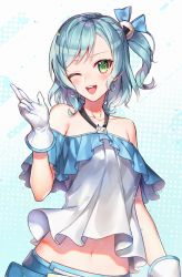 Rule 34 | 1girl, ;d, alternate hairstyle, aqua background, aqua hair, artist name, bang dream!, bilibili, blue bow, blush, bow, collarbone, gloves, green eyes, hair bow, hair ornament, halterneck, highres, hikawa hina, looking at viewer, medium hair, milcona, navel, one eye closed, one side up, open mouth, youtube creator award, shirt, smile, solo, upper body, white gloves, xiao dianshi