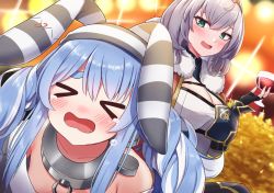 Rule 34 | &gt; &lt;, 2girls, alcohol, animal ears, bare shoulders, blue hair, braid, breasts, closed eyes, coin, commentary request, crying, cup, drinking glass, fingerless gloves, fur trim, gloves, gold coin, green eyes, hololive, large breasts, long hair, multicolored hair, multiple girls, open mouth, prison clothes, rabbit ears, rabbit girl, shirogane noel, shirogane noel (1st costume), sitting, sitting on person, tears, twin braids, twintails, two-tone hair, umedoufu, usada pekora, usada pekora (prisoner), virtual youtuber, white hair, wine, wine glass