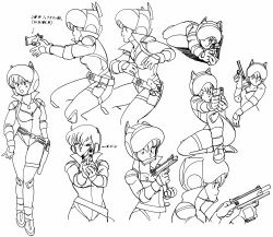 Rule 34 | 1980s (style), 1girl, absurdres, animal ears, belt, bodysuit, breasts, cat ears, character sheet, cocking gun, full body, gall force, greyscale, gun, handgun, helmet, highres, holster, kneeling, lineart, lying, monochrome, mouth hold, multiple views, non-web source, oldschool, on one knee, on side, one eye closed, patty, pistol, reloading, retro artstyle, scan, simple background, sonoda ken&#039;ichi, standing, translation request, weapon, wink