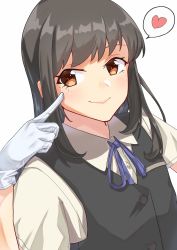 Rule 34 | 1girl, black hair, black vest, blue ribbon, brown eyes, come2traveling, commentary request, gloves, hayashio (kancolle), heart, highres, kantai collection, long hair, mole, mole under eye, pointing, pointing at self, ribbon, school uniform, shirt, simple background, solo, spoken heart, upper body, vest, white background, white gloves, white shirt