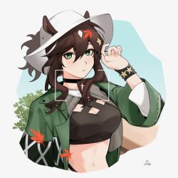 Rule 34 | 1girl, absurdres, animal ear fluff, animal ears, arknights, black shirt, blue sky, bracelet, brown hair, bush, cleavage cutout, clothing cutout, commentary request, crop top, cross-laced clothes, cross-laced top, ears through headwear, frown, green eyes, hand up, hat, highres, horse ears, horse girl, jewelry, meteor (arknights), meteor (bard&#039;s holiday) (arknights), official alternate costume, shirt, simple background, sky, solo, suika aji, upper body, viewfinder, white background, white hat