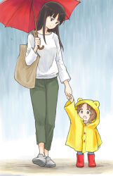 Rule 34 | 2girls, aged down, bag, black eyes, black hair, blunt bangs, boots, brown eyes, brown hair, carrying, closed mouth, coat, commentary, girls und panzer, green pants, grey footwear, handbag, head tilt, holding, holding hands, holding umbrella, long hair, long sleeves, looking at another, mother and daughter, multiple girls, mutsu (layergreen), nishizumi miho, nishizumi shiho, open mouth, pants, rain, raincoat, red footwear, red umbrella, rubber boots, shirt, shoes, short hair, smile, umbrella, white shirt, yellow coat