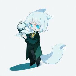 Rule 34 | 1girl, aislan, animal ears, black footwear, black pants, coat, faust (project moon), fox ears, fox girl, full body, glasses, green coat, holding, holding plate, limbus company, long sleeves, looking at viewer, pants, plate, project moon, shoes, simple background, solo, white background