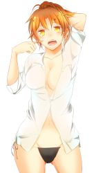 Rule 34 | 1girl, adjusting hair, artist request, bad id, bad pixiv id, black panties, breasts, brown hair, cleavage, dress shirt, highres, large breasts, looking at viewer, no bra, no pants, open clothes, open mouth, open shirt, panties, shirt, short sleeves, side-tie panties, solo, underwear, white background, yellow eyes
