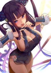Rule 34 | 1girl, bare shoulders, black dress, blue eyes, blunt bangs, blush, breasts, china dress, chinese clothes, cleavage, closed mouth, detached sleeves, dress, fate/grand order, fate (series), flute, hair ornament, instrument, large breasts, leaf hair ornament, long hair, looking at viewer, pipa (instrument), purple hair, satou daiji, sideboob, simple background, smile, solo, thighs, tongue, tongue out, twintails, white background, yang guifei (fate), yang guifei (second ascension) (fate)