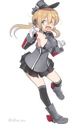 Rule 34 | 1girl, ahenn, aqua eyes, black skirt, black thighhighs, blonde hair, breasts, gloves, hat, kantai collection, large breasts, long hair, long sleeves, low twintails, military, military hat, military uniform, one eye closed, open mouth, peaked cap, pleated skirt, prinz eugen (kancolle), simple background, skirt, solo, thighhighs, torn clothes, twintails, twitter username, uniform, white background, white gloves