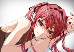 Rule 34 | 1girl, black ribbon, breasts, commentary, hair intakes, hair ribbon, head on arm, heterochromia, highres, hololive, houshou marine, long hair, looking at viewer, lying, medium breasts, on side, oshimaidebu, pillow, red eyes, red hair, ribbon, sideboob, sleeveless, smile, solo, twintails, upper body, virtual youtuber, yellow eyes
