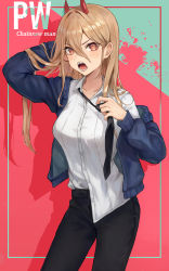 Rule 34 | 1girl, absurdres, arm behind head, black necktie, black pants, breasts, buttons, chainsaw man, collarbone, collared shirt, commentary, cowboy shot, cross-shaped pupils, drop shadow, fangs, hair between eyes, hair intakes, highres, horns, light blush, light brown hair, long hair, looking at viewer, medium breasts, mrr 05, necktie, necktie grab, neckwear grab, open mouth, pants, power (chainsaw man), red eyes, shirt, solo, splatter, standing, sweater, symbol-shaped pupils, thighs, two-tone background, v-shaped eyebrows, white shirt