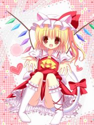 Rule 34 | 1girl, animal ears, blonde hair, blush, cat ears, cat tail, checkered background, crystal, flandre scarlet, hane., hat, kemonomimi mode, mob cap, open mouth, panties, pantyshot, pink background, red eyes, ribbon, short hair, short sleeves, side ponytail, sitting, skirt, smile, solo, striped clothes, striped panties, tail, touhou, underwear, upskirt, vest, wings