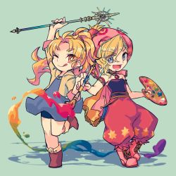 Rule 34 | 2girls, art brush, blonde hair, dress, final fantasy, final fantasy v, final fantasy vi, full body, hat, krile mayer baldesion (ff5), long hair, looking at viewer, multiple girls, open mouth, paintbrush, ponytail, relm arrowny, short hair, simple background, smile, strapless, sunagimo (nagimo), weapon