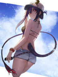 Rule 34 | 1girl, aito, arknights, ass, bare arms, bare shoulders, baseball cap, bikini, black bikini, blue sky, breasts, ch&#039;en (arknights), ch'en (arknights), commentary request, cowboy shot, day, dragon horns, dragon tail, female tourist c (arknights), from behind, grey shorts, hair between eyes, halterneck, hat, highres, horns, horns through headwear, long hair, looking at viewer, looking back, medium breasts, official alternate costume, purple hair, red eyes, short shorts, shorts, sidelocks, sky, solo, standing, swimsuit, tail, thighs, watch, wristwatch
