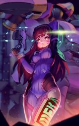 Rule 34 | 1girl, acronym, arm behind head, arm cannon, arm up, armor, blue bodysuit, bodysuit, boots, bracer, breasts, breasts apart, brown eyes, brown hair, blowing bubbles, charm (object), chewing gum, cowboy shot, d.va (overwatch), eyelashes, facepaint, facial mark, finger on trigger, gloves, gun, hand up, handgun, headphones, highres, holding, holding gun, holding weapon, impossible clothes, legs together, lim jaejin, long hair, looking at viewer, mecha, medium breasts, meka (overwatch), nose, overwatch, overwatch 1, pauldrons, pilot suit, ribbed bodysuit, robot, shoulder armor, shoulder pads, skin tight, solo, sparkle, standing, thigh boots, thigh strap, thighhighs, thrusters, turtleneck, weapon, whisker markings, white footwear, white gloves