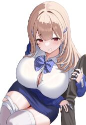 Rule 34 | 1boy, 1girl, blonde hair, blue bow, blue bowtie, blue jacket, bow, bowtie, breasts, claw ring, cleavage, collared shirt, commander (nikke), goddess of victory: nikke, grabbing another&#039;s arm, grin, hair ornament, highres, jacket, jewelry, large breasts, long hair, mole, mole under eye, multiple rings, off-shoulder jacket, off shoulder, partially unbuttoned, pencil skirt, puffy sleeves, red eyes, ring, shirt, simple background, sitting, skirt, sleeves past wrists, smile, tia (nikke), white background, white shirt, xi oshir1