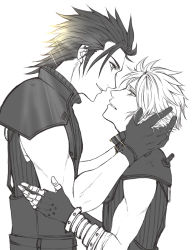 Rule 34 | 2boys, armor, bare arms, black hair, blonde hair, cloud strife, face-to-face, final fantasy, final fantasy vii, final fantasy vii remake, gloves, hand on another&#039;s arm, hands on another&#039;s head, height difference, highres, light particles, looking at another, male focus, monochrome, multiple boys, parted lips, profile, short hair, shoulder armor, simple background, spiked hair, square enix, sweater, turtleneck, turtleneck sweater, white background, yaoi, zack fair