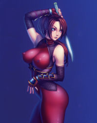 Rule 34 | 1girl, absurdres, arm up, armor, blue background, bodysuit, breasts, brown eyes, brown hair, chromatic aberration, covered erect nipples, cowboy shot, female focus, gloves, highres, huge breasts, ilya kuvshinov (style), large breasts, lips, long hair, looking away, looking to the side, namco, nikichen, parody, parted lips, ponytail, simple background, skin tight, solo, soul calibur, style parody, sword, taki (soulcalibur), weapon
