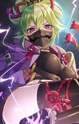 Rule 34 | 1girl, bad id, bad pixiv id, black thighhighs, breasts, commentary request, cropped jacket, feet out of frame, genshin impact, goroo (eneosu), green hair, hair between eyes, highres, hood, hood down, hooded jacket, jacket, kuki shinobu, looking at viewer, mask, medium breasts, mouth mask, open clothes, open jacket, purple eyes, purple jacket, solo, thighhighs, v-shaped eyebrows
