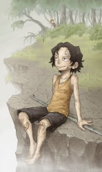 Rule 34 | 2boys, aged down, bandages, bandaid, barefoot, black hair, black shorts, brothers, child, cliff, east blue, forest, freckles, hat, male focus, monkey d. luffy, multiple boys, nature, official alternate costume, one piece, outdoors, pole, portgas d. ace, red shirt, scenery, shirt, shorts, siblings, sitting, solo focus, straw hat, tank top, tree