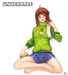 Rule 34 | 1girl, 3gs, absurdres, aged up, ahoge, alternate costume, amulet, bad id, bad pixiv id, blush, breasts, can, chara (undertale), cleavage, cleavage cutout, clothing cutout, fang, feet, heart, highres, long hair, open mouth, red eyes, shorts, solo, sweater, undertale
