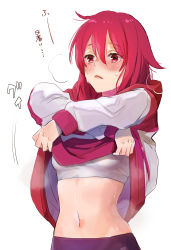Rule 34 | 1girl, absurdres, blush, character request, closed mouth, clothes lift, embarrassed, frown, hair between eyes, hair down, highres, kyoubashi amane, lifting own clothes, long hair, long sleeves, midriff, momoyama hinase, navel, red eyes, red hair, school girl strikers, sketch, solo, sports bra, stomach, straight hair, sweatdrop, sweater, sweater lift, undressing, upper body, white background, white sleeves, white sports bra