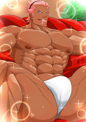 Rule 34 | 1boy, abs, bara, biting, dark-skinned male, dark skin, feet out of frame, fundoshi, headband, heart, japanese clothes, karakuraax, large pectorals, looking at viewer, lying, male focus, male underwear, manly, mature male, muscular, muscular male, nipples, on back, orange eyes, original, outdoors, pectorals, pink hair, short hair, smile, solo, sparkle, spiked hair, spread legs, thick arms, thick eyebrows, thick thighs, thighs, underwear, valentine