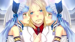 Rule 34 | &gt;:(, 1boy, animal ears, ar nosurge, bell, black necktie, blonde hair, blue eyes, blush, bride, choker, closed mouth, collared shirt, frown, game cg, girl sandwich, green eyes, groom, hands on another&#039;s chest, head tilt, holding hands, jingle bell, long hair, neck bell, necktie, ntny, official art, open mouth, profile, red shirt, sandwiched, sarly planck, shirotaka (surge concerto), shirt, sideways mouth, smile, surge concerto, upper body, v-shaped eyebrows, veil