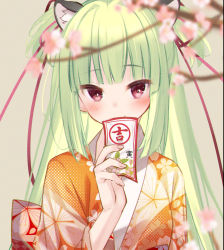 Rule 34 | 1girl, animal ear fluff, animal ears, blurry, blurry foreground, blush, branch, brown background, cariboy, cat ears, closed mouth, commentary request, depth of field, floral print, flower, green hair, hand up, highres, holding, japanese clothes, kemonomimi mode, kimono, long hair, murasame (senren), orange kimono, pink flower, print kimono, red eyes, senren banka, smile, solo, two side up, upper body, very long hair