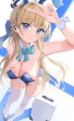 Rule 34 | 1girl, absurdres, alternate breast size, animal ears, arm up, bare shoulders, blonde hair, blue archive, blue bow, blue eyes, blue hairband, blue leotard, blue nails, bow, bowtie, braid, breasts, briefcase, cleavage, detached collar, fake animal ears, from above, hairband, halo, highleg, highleg leotard, highres, large breasts, leotard, long hair, looking at viewer, official alternate costume, official alternate hairstyle, parted lips, playboy bunny, rabbit ears, rabbit tail, shirokuma (zeroillya), solo, tail, thighhighs, thighs, toki (blue archive), toki (bunny) (blue archive), v, very long hair, white thighhighs, wrist cuffs