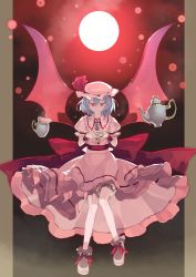Rule 34 | 1girl, absurdres, blue hair, cup, dress, female focus, floating, floating object, full moon, hat, highres, jewelry, legs, light purple hair, looking at viewer, moon, necklace, red eyes, remilia scarlet, shihou (g-o-s), short hair, slit pupils, smile, solo, tea, teacup, teapot, touhou, wings, wrist cuffs
