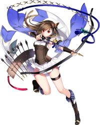 Rule 34 | 1girl, arrow (projectile), boots, bow (weapon), breasts, brown hair, butterfly hair ornament, empty eyes, full body, hair ornament, holding, holding arrow, holding bow (weapon), holding weapon, large breasts, nagato shizuki (oshiro project), official art, oshiro project:re, oshiro project:re, pleated skirt, quiver, red eyes, skirt, transparent background, weapon, white skirt, yuuki kira