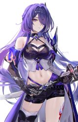 Rule 34 | 1girl, absurdres, acheron (honkai: star rail), armored gloves, artist name, asymmetrical sleeves, black gloves, black shorts, blue eyes, blue hair, boots, breasts, cleavage, closed mouth, commentary, contrapposto, cowboy shot, elbow gloves, gloves, hair intakes, hair ornament, hair over one eye, highres, holding, holding sword, holding weapon, honkai: star rail, honkai (series), leg tattoo, looking at viewer, medium breasts, midriff, navel, rity, shorts, simple background, single bare shoulder, single thigh boot, solo, stomach, sword, tattoo, thigh boots, thighs, twitter username, waist cape, weapon, weapon on back, white background