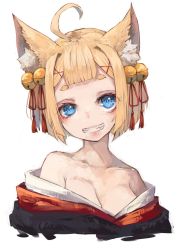 Rule 34 | 1girl, animal ear fluff, animal ears, bare shoulders, bell, blonde hair, blue eyes, blue kimono, breasts, cleavage, cropped torso, eyebrows, grin, hair bell, hair ornament, hairclip, highres, hikimayu, japanese clothes, jingle bell, kimono, looking at viewer, nyucha, off shoulder, original, short hair, smile, solo, tassel, thick eyebrows