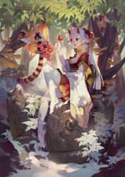 Rule 34 | 1girl, :d, animal, dress, flower, forest, full body, hair ornament, hand on own stomach, holding, holding flower, horns, japanese clothes, knee up, lamier, lemur, long hair, looking at another, mushroom, nature, no shoes, open mouth, orange eyes, original, outdoors, pantyhose, pillar, pointy ears, red eyes, ruins, short dress, sitting, smile, solo, tail, traditional clothes, tree, white hair, wide sleeves