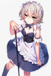 Rule 34 | 1girl, :o, alternate costume, apron, apron tug, ayamori mimi, bad id, bad pixiv id, bare shoulders, black ribbon, blue dress, blue socks, breasts, broom, choker, collarbone, commentary request, corset, detached sleeves, dress, enmaided, facial scar, fate/apocrypha, fate (series), frilled apron, frills, from above, green eyes, grey hair, hair between eyes, hand up, highres, jack the ripper (fate/apocrypha), kneehighs, looking at viewer, maid, maid headdress, neck ribbon, no tattoo, puffy short sleeves, puffy sleeves, ribbon, scar, scar across eye, scar on cheek, scar on face, shiny skin, short dress, short hair, short sleeves, simple background, small breasts, socks, solo, standing, waist apron, white apron, white background, white choker