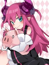 Rule 34 | 0 0, 10s, 1girl, aqua eyes, argyle, argyle background, argyle clothes, bare shoulders, black dress, commentary request, detached sleeves, dress, elizabeth bathory (fate), elizabeth bathory (fate/extra ccc), elizabeth bathory (first ascension) (fate), fang, fate/extra, fate/extra ccc, fate/grand order, fate (series), hair ribbon, hammer (sunset beach), horns, long hair, looking at viewer, pig, pink hair, pointy ears, ribbon, smile, solo, upper body