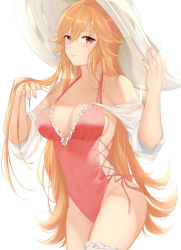 Rule 34 | 1girl, absurdres, ae030, azur lane, backless swimsuit, bad id, bad pixiv id, bare shoulders, breasts, cleavage, cowboy shot, frilled swimsuit, frills, hand in own hair, hat, highleg, highleg swimsuit, highres, long hair, looking at viewer, medium breasts, multiple straps, official alternate costume, one-piece swimsuit, orange hair, pink one-piece swimsuit, purple eyes, richelieu (azur lane), richelieu (fleuron of the waves) (azur lane), see-through, see-through sleeves, side-tie swimsuit, simple background, solo, sun hat, swimsuit, very long hair, white hat