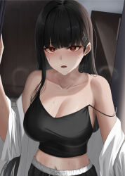 Rule 34 | 1girl, absurdres, alternate costume, black camisole, black hair, black shorts, blue archive, blunt bangs, blurry, blurry background, breasts, bright pupils, camisole, cleavage, collarbone, commentary request, doorway, hair ornament, hairclip, highres, indoors, large breasts, long hair, looking at viewer, midriff, navel, off shoulder, open clothes, open mouth, open shirt, pov doorway, red eyes, rio (blue archive), shirt, shorts, solo, strap slip, sweat, textless version, very long hair, white shirt, yamikyon