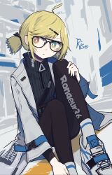Rule 34 | 1girl, absurdres, ahoge, black-framed eyewear, black pantyhose, blonde hair, blue eyes, buckle, character name, coat, dress, english text, expressionless, girls&#039; frontline, girls&#039; frontline neural cloud, glasses, hair ornament, hairclip, heterochromia, highres, lab coat, long sleeves, mg36 (girls&#039; frontline), multicolored eyes, on floor, open clothes, open coat, pantyhose, papaia (quentingqoo), red eyes, ribbed dress, rise (neural cloud), shoes, short hair, sitting, snap-fit buckle, socks, solo, twintails, white footwear, white socks, yellow eyes