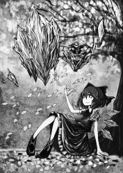 Rule 34 | akasia, bow, cherry blossoms, cirno, dress, frog, greyscale, hair bow, highres, ice, monochrome, sitting, smile, solo, touhou, wings