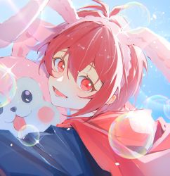 Rule 34 | 1boy, animal ears, bishounen, bubble, diffraction spikes, highres, holding, holding stuffed toy, idolish7, long sleeves, looking at viewer, male focus, nanase riku, open mouth, rabbit ears, red eyes, red hair, ruidijintianyehaofei, short hair, smile, solo, stuffed animal, stuffed toy, upper body