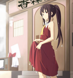 Rule 34 | 1girl, alternate hairstyle, ascot, black hair, bow, clothes lift, hair bow, hakurei reimu, leon (mikiri hassha), lifting own clothes, looking at viewer, midriff peek, outdoors, ponytail, red bow, red eyes, red skirt, revision, skirt, skirt lift, skirt set, sleeveless, solo, standing, touhou, vest, wet, wet clothes, wet hair