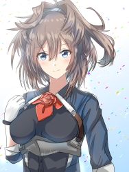 Rule 34 | 1girl, ascot, blue eyes, brown hair, commentary request, flower, gloves, highres, kantai collection, long hair, looking at viewer, messy hair, military, military uniform, neck flower, one-hour drawing challenge, red ascot, red flower, red rose, roko roko (doradorazz), rose, sheffield (kancolle), solo, uniform, upper body, white gloves