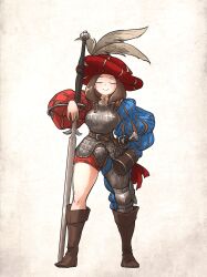 Rule 34 | 1girl, absurdres, armor, asymmetrical armor, boobplate, boots, breastplate, brown footwear, brown hair, closed eyes, closed mouth, codpiece, commentary, english commentary, hand on hilt, hand on own hip, hat, hat feather, highres, ironlily, jacket, katzbalger, knee boots, landsknecht, landsknecht (ironlily), leather, leather jacket, long sleeves, long sword, medium hair, original, planted, puffy long sleeves, puffy sleeves, red hat, renaissance clothes, smile, solo, sword, two-handed sword, weapon, white background, zweihander