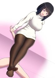 Rule 34 | 1girl, black hair, breasts, clothed female nude male, feet, highres, j-kisarazu, large breasts, nude, open mouth, pantyhose, purple eyes, sitting, sitting on face, sitting on person, sweater, toes