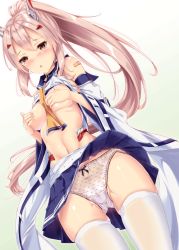 Rule 34 | 1girl, ayanami (azur lane), azur lane, bare shoulders, blush, breast hold, breasts, cameltoe, collarbone, covering privates, covering breasts, embarrassed, fukuda shuushi, groin, highres, long hair, looking at viewer, medium breasts, navel, panties, pantyshot, pleated skirt, ponytail, red eyes, revision, school uniform, serafuku, shiny skin, shirt, silver hair, skindentation, skirt, solo, thighhighs, underwear, white thighhighs