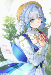 Rule 34 | 1girl, artist name, ayaka (genshin impact), back bow, blue dress, blue eyes, blue hair, blurry, bow, braid, braided hair rings, brown hat, butterfly hair ornament, butterfly ring, buttons, closed mouth, collar, crown braid, depth of field, dress, english text, flower, flying paper, genshin impact, gold trim, hair flower, hair ornament, hair rings, hand up, hat, heart, highres, holding, holding pen, kamisato ayaka, kamisato ayaka (springbloom missive), letter, light blue hair, light smile, long sleeves, looking at viewer, mole, mole under eye, multicolored clothes, multicolored dress, neck tassel, nib pen (object), official alternate costume, official alternate hairstyle, paper, pen, plant, puffy long sleeves, puffy sleeves, solo, tassel, white collar, white flower, yoshitoki (kisshin)