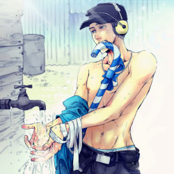 Rule 34 | 1boy, apatur4iris, blu scout (tf2), candy, candy cane, dog tags, faucet, food, hat, headset, male focus, mouth hold, navel, nipples, scout (tf2), solo, team fortress 2, topless male, underwear, water