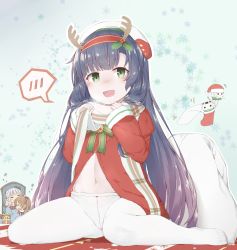 Rule 34 | 3girls, antlers, bell, black hair, blush, box, brown hair, chibi, christmas, commentary request, crotch seam, dress, facial hair, fur trim, gift, gift box, gloves, gradient hair, green eyes, hair between eyes, hair ornament, hair ribbon, hat, headband, headgear, highres, horns, kantai collection, leaf, leaf hair ornament, leaf on head, libeccio (kancolle), long hair, long sleeves, looking at viewer, machinery, maestrale (kancolle), matsuwa (kancolle), multicolored hair, multiple girls, mustache, navel, necktie, open mouth, pantyhose, pink hair, purple hair, red dress, ribbon, sack, santa costume, scarf, silver hair, sitting, sleeping, smile, socks, steam, wariza, white hat, yui (seiga), zzz