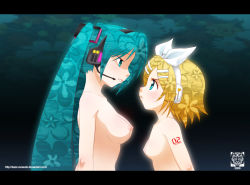 Rule 34 | 2girls, aqua eyes, aqua hair, arms at sides, bare arms, bare shoulders, blonde hair, breasts, cloudxmoe, eye contact, female focus, green hair, hair ornament, hairclip, hatsune miku, headphones, headset, height difference, kagamine rin, long hair, looking at another, medium breasts, multiple girls, neck, nipples, nude, parted lips, short hair, smile, standing, tattoo, twintails, upper body, vocaloid, vocaloid2, yuri