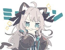 Rule 34 | 1girl, :3, animal ear fluff, animal ears, arknights, black jacket, black ribbon, blue eyes, blush, cat ears, cat girl, cat tail, closed mouth, commentary request, grey hair, hair ribbon, hand on own chin, jacket, long hair, long sleeves, mint (arknights), naguru (cyoroama), ribbon, simple background, solo, tail, upper body, white background